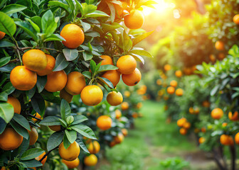 Orange garden with ripening orange lemon fruits on the trees with green leaves, natural and food background