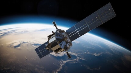 Obraz premium A mechanical satellite against the backdrop of planet Earth. Technologies. AI generative.