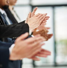 Business people, hands and clapping for feedback in office, motivation and support for company win....