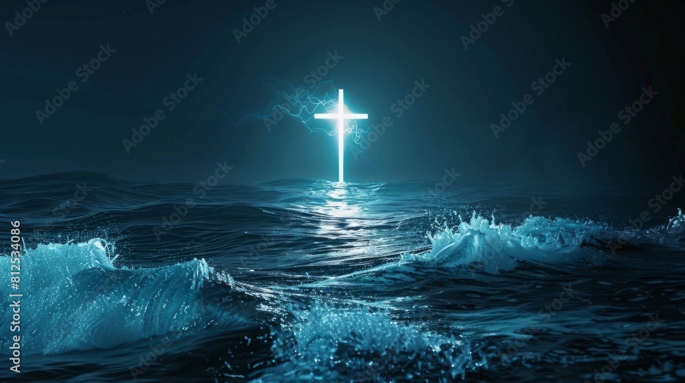 Poster copy space with a glowing cross and gentle waves, representing divine guidance