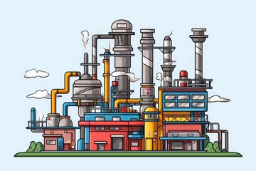 Colorful cartoon factory with smoke coming out of the pipes.