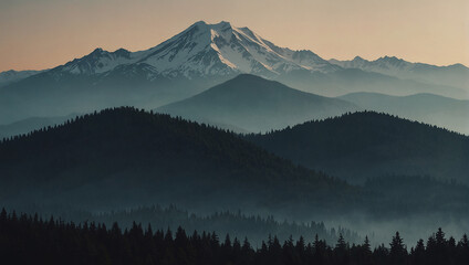 A large snow-capped mountain is in the distance with smaller mountains in front of it. There are tall tress in the foreground.
