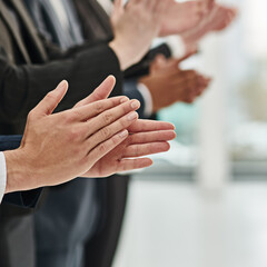 Business people, group and hands applause for celebration support or teamwork, well done or...
