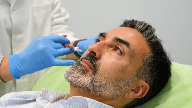 A man is getting a procedure done on his face. A man is getting a cheekbone filler or cheek Botox.