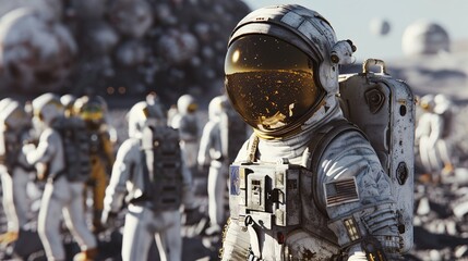 Naklejka premium Astronaut standing in front of the mountains. Science fiction art. Copy space.