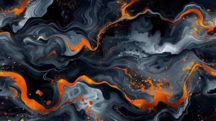 Dynamic Black and White Abstract Painting with Orange Accents
