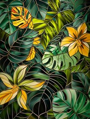 A colorful stained glass piece of art featuring a variety of leaves
