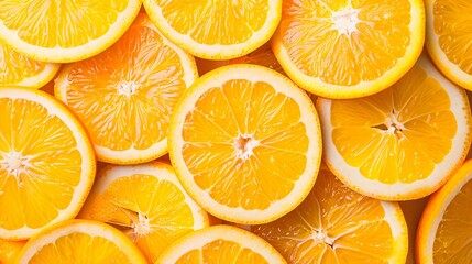 Fototapeta premium Slices of fresh orange fruit as background, top view.