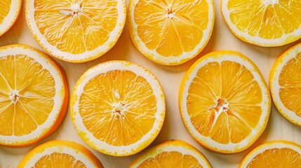 Obraz premium Slices of fresh orange fruit as background, top view.