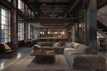 A large living room with a couch, coffee table, and chairs