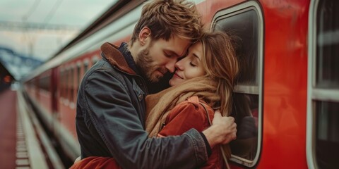 Tender goodbye at the train station. AI.