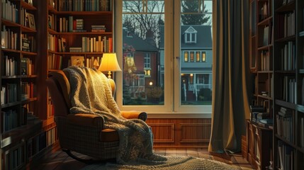 cozy reading nook with a comfy chair, lamp and bookshelves filled with books, a throw blanket on the armchair, a window view of houses in the neighborhood, captured