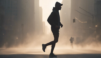 Silhouette of muscular man going for a run in shorts and hoodie at misty sunrise in the city center 