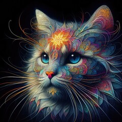 A colorful cat with a pattern on its face realistic lively card design illustrator.