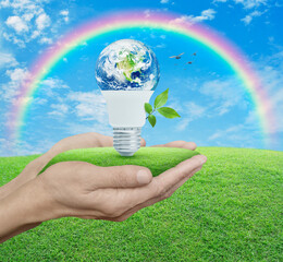Obraz premium Earth globe inside led light bulb with fresh green tree leaves on grass in hands over blue sky and rainbow, Green ecology and saving energy concept, Elements of this image furnished by NASA