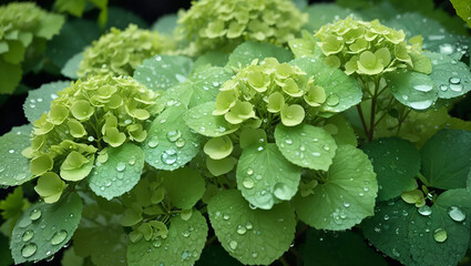 Water drops on a beautiful colorful hydrangea flowers gardens background design wallpaper