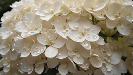 Water drops on a beautiful colorful hydrangea flowers gardens background design wallpaper