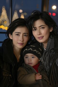 Two women, each with different emotional expressions, posing with a baby for a photograph