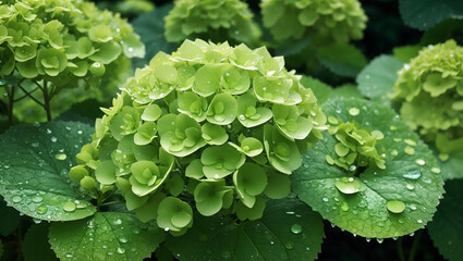 Water drops on a beautiful colorful hydrangea flowers gardens background design wallpaper