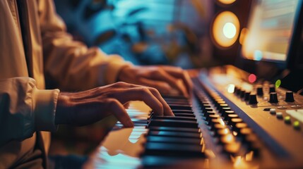Close up of professional smart musician playing keyboard at modern music studio. Skilled producer or sound engineer in casual cloth making and recording the song and mastering the new track. AIG42.