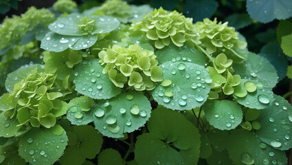 Water drops on a beautiful colorful hydrangea flowers gardens background design wallpaper