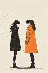 Two mothers with contrasting communication styles stand side by side in a snowy landscape