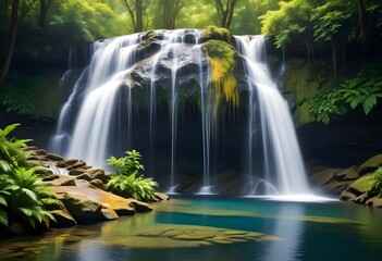 A majestic waterfall cascading down into a crystal-clear pool, surrounded by lush greenery.