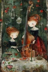 A painting depicting two girls engaged in playing a cello together