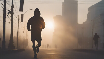 Silhouette of muscular man going for a run in shorts and hoodie at misty sunrise in the city center

