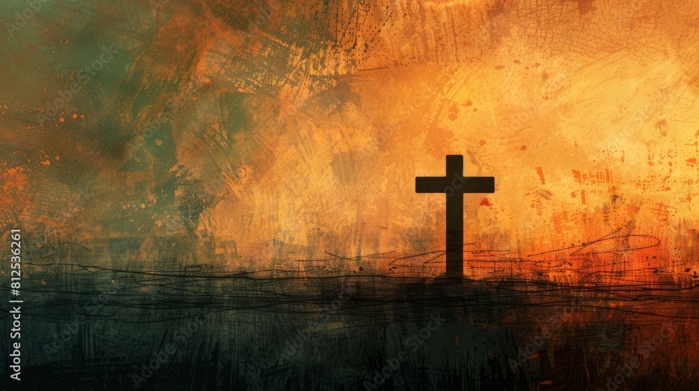 Poster empty space with a silhouette of a cross and copy of the psalms, allowing for messages of praise or 