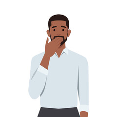 Frustrated young man cover mouth shocked with news or message. Flat vector illustration isolated on white background