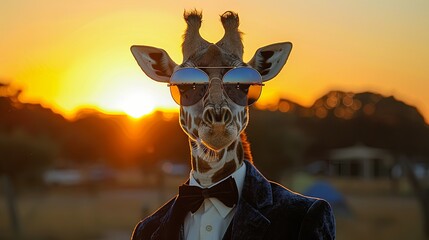 A giraffe wearing sunglasses and a suit