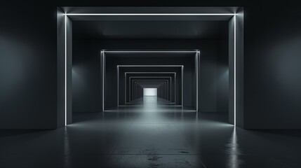 A Dark, Modern, Minimalist Tunnel with Reflective Floor and Glowing Edges
