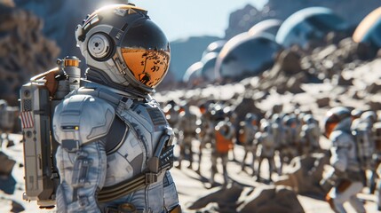 Naklejka premium Astronaut standing in front of the mountains. Science fiction art. Copy space.