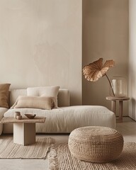 Modern scandinavian living room interior with beige sofa, round rattan pouf, coffee table and decorative plant.