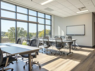 Spacious meeting room with large windows, a conference table, chairs, and screen.