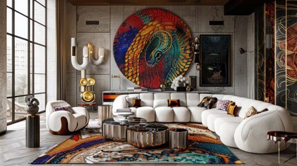 Vibrant Snakeskin Tapestries Adorn Sleek Modern Lounge with Metallic Accents for Striking Aesthetic