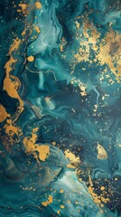 Abstract painting of blue and gold paint with gold flecks