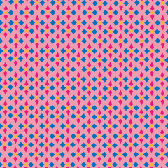 Abstract illustration background with three geometric seamless patterns in red, pink, yellow, blue.