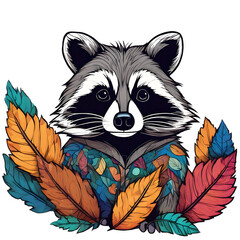Watercolor cute raccoon cartoon with colorful leaves branch illustration