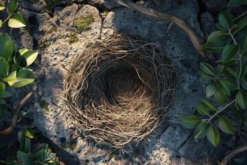 A nest is surrounded by leaves and branches, creating a natural