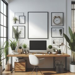 A computer on a desk office work room with plants and a picture frame on the wall image realistic attractive has illustrative meaning.