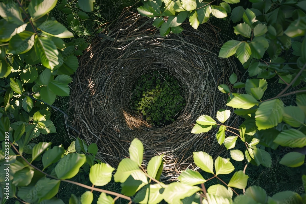 Poster a nest is surrounded by leaves and branches, creating a natural