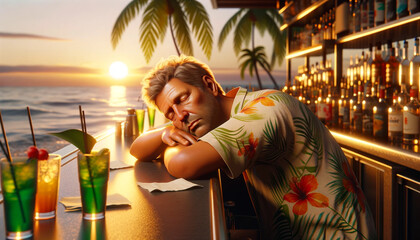A man in a Hawaiian shirt is sleeping on a bar counter. There are several drinks on the counter, including a green drink and a red drink