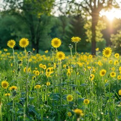 Obraz premium Vivid field of yellow flowers under sunlight peeking through the trees