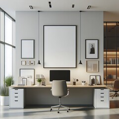 A desk with a chair and a picture frame above it image realistic has illustrative meaning used for printing.