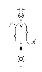 Scorpio zodiac sign and symbol blackwork tattoo. Sacred geometry horoscope tattoo design, mystic symbol of constellation. New school dotwork, line art minimalist style tattoo. Boho design.