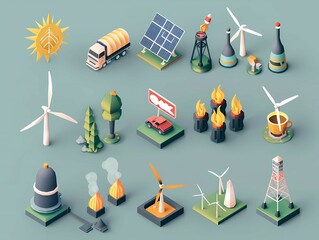 A collection of isometric energy icons. The icons include a variety of renewable and non-renewable energy sources, such as solar, wind, hydro, and fossil fuels.