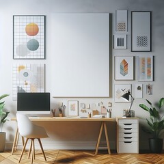 A desk with a chair and a poster on the wall image realistic photo used for printing.