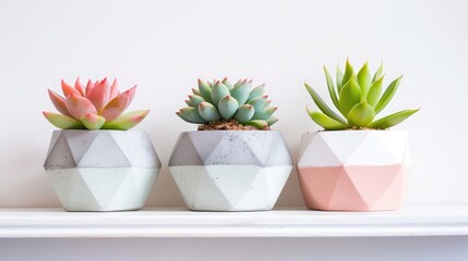 Many pots, white ceramic, gray and concrete with plants succulents of red lilac and green, Stand in a row, form interesting compositions, Close-up on a white background